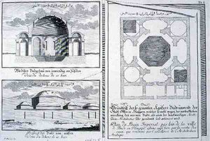 Půdorys, pohled a řez císařskými lázněmi, Budapešť, Maďarsko, z „Plánu historické architektury“