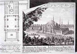 Plán a pohled na mešitu Suleymaniye, Istanbul, z „Návrh historické architektury“, vyryl Johann Adam Delsenbach