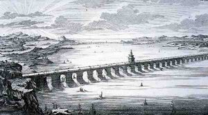 Velký čínský most mezi Focheu a Nantai, Čína, z knihy "Entwurf einer historischen Architektur", vyryl Johann Adam Delsenbach (1687-1765) 1721 (rytina)