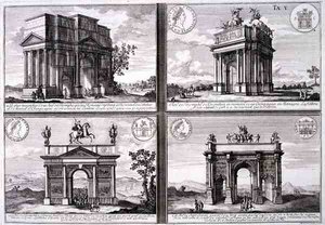 Triumfální oblouk Catulus a Marius v Orange, Domitianův oblouk, Drusův oblouk a Oblouk Septima Severa, z „Entwurf einer historischen Architektur“, vyryl Johann Adam Delsenbach (1687-1765)