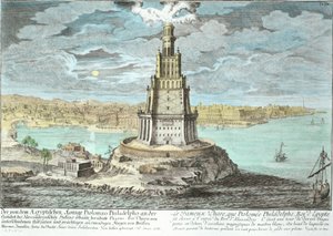 Maják v Alexandrii, postavený Ptolemaiem Velikým (36-po 30 př.nl), Egypt, z Entwurf einer historischen Architektur, vyryl Johann Adam Delsenbach (1687-1765) 1721 (pozdější barva