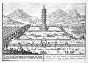 Porcelánová věž v Nankingu, deska 12 z „Návrhu historické architektury“, vyryl Johann Adam Delsenbach (1687-1765) 1721 od Johann Bernhard Fischer von Erlach