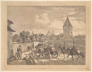 Ruští kopiníci doprovázející Regimental Cassonne, 1816.