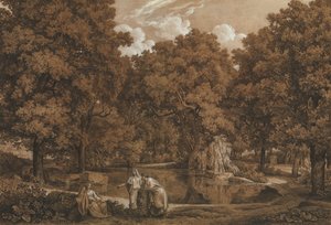 Arkádská krajina se třemi postavami u jezera, 1792.