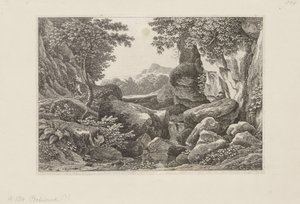 Skalnatá krajina s kráčejícím pastýřem vlevo od Johann Christian Reinhart