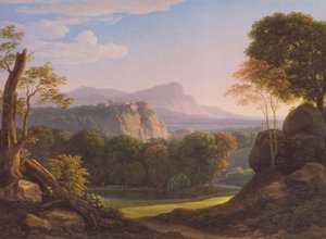 Německy: Italienische Landschaft mit Schloss auf einem Bergrücken Italská krajina s hradem na hřebeni od Johann Christian Reinhart