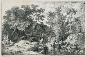 Krajina s vodním mlýnem (první pokus o mědirytinu) od Johann Christian Reinhart