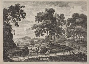 Panoramatické říční krajiny s cestovateli, 1734.