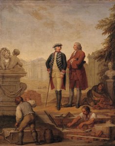 Pruský král Fridrich II. (1712-86) a markýz z Argensu (1704-1771) při prohlídce stavby Sanssouci v Postupimi.