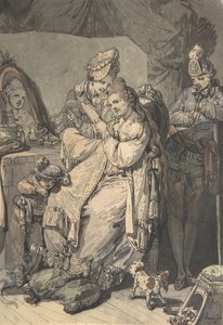 Žena na záchodě se služkou, chlapcem, psem a mladým vojákem, verso: Skica..., 1770.