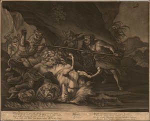 Ca. 1770 alegorická mezzotinta Afriky od Johann Elias Ridinger