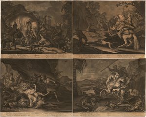 Ca. 1770 alegorické mezzotinty Afriky, Asie, Ameriky a Evropy na jedné stránce od Johann Elias Ridinger
