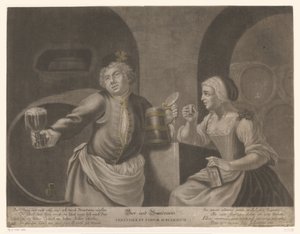 Muž a žena pijí pivo a brandy Pivo a Brandewein / Cerevisia et vinum sublimatum od Johann Elias Ridinger