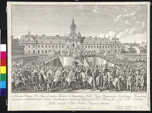Korunovace císaře Leopolda II. uherským králem v Bratislavě 15. listopadu 1790 (mědirytina)