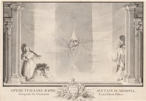 Dva herci nakukující přes divadelní oponu, zatímco jiní připravují světla od Johann Esaias Nilson
