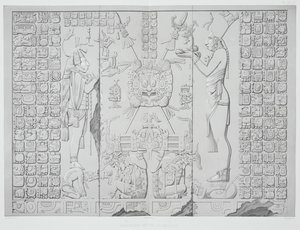 Reliéf zobrazující kněze s oběťmi ze svatyně Chrámu Slunce, Palenque, desky 29 a 30 z Ancient Monuments of Mexico, vyryl Werner, 1866