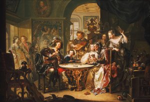 Gentleman podvádí v Cards se starší dámou v přepychovém interiéru, od Johann Georg Platzer
