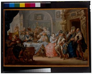 Interiér s elegantními postavami v maškarním kostýmu hodující od Johann Georg Platzer
