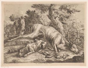 Lovecký pes a kořist s jeleny a ptáky Lovecké boty (název série) od Johann Georg Wachsschlunger