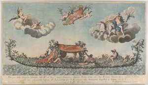Velmi zdobená druhá gondola Francesca Antonia Berky vjíždějící do Benátek, bohů na c..., 1700. od Johann Georg Wolfgang
