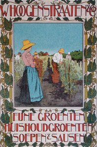 Sklizeň hrachu, reklamní plakát „Whoogenstraaten & Co., dodavatelé kvalitní zeleniny, polévek a omáček“ kolem 1898-90 (barevné litho)