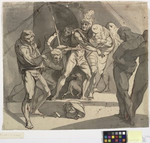 Richard Plantagenet hodí useknutou hlavu vévody ze Somersetu k nohám jeho otce. Ilustrace k Shakespearovi Jindřich VI., část 3, dějství 1, řádek 20
