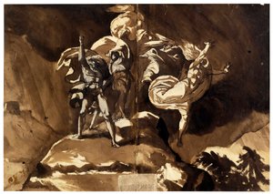 Čarodějnice vznášející se nad Macbethem a Banquom (Les sorcieres flottant au dessus de Macbeth et Banquo) - par Fussli (Fuseli), Johann Heinrich (1741-1825), - pero, štětec, hnědý tuš, bílá barva, černá křída na papíře, 46,5x66,2 - Soukromá sbírka