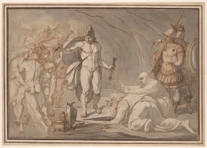 Odysseus se u Hádových dveří setkává se stíny Tiresia a Antikuly