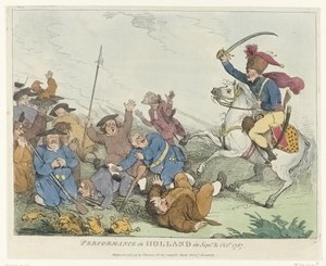 Přehlídka Představení v Holandsku v září a říjnu 1787 (název na objektu) Čtyři anglické karikatury o vlastencích v roce 1787 (název série) od Johann Heinrich Ramberg