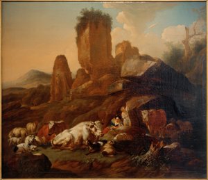Odpočívající pastýřka a dobytek od Johann Heinrich Roos