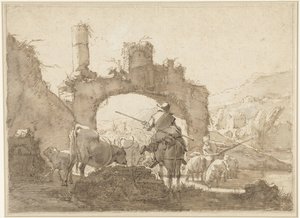 Dva pastýři prohánějí svůj dobytek řekou od Johann Heinrich Roos