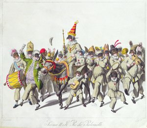 Průvod krále Punche během římského karnevalu, počátek 19. století (barevná rytina) od Johann Heinrich Stuermer