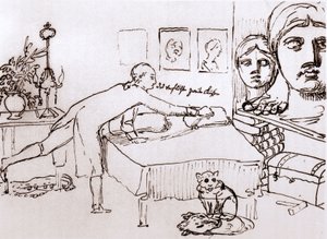 Johann Wolfgang von Goethe ve svém domě na Via del Corso v Římě. Kresba Johanna Heinricha Wilhelma Tischbeina (1751-1829) (také nazývaného Goethe-Tischbein nebo Goethe Tischbein). sd. 18. století.