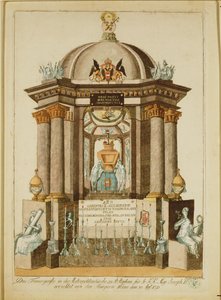 Pohřební pomník (Castrum Doloris) postavený občany Vídně při zádušní mši za císaře (rytina) od Johann Hieronymus Loeschenkohl