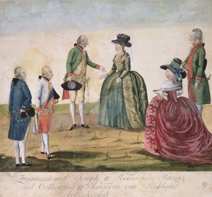 Setkání mezi Josefem II. Německým (1741-90) a carevnou Kateřinou Velikou (1729-96) v Koidaku, 18. května 1787 (barevná mědirytina)