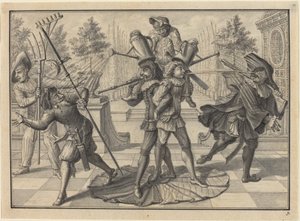 Harlekýn a Scaramouche vytvářejí "fontánu" od Johann Jacob Schubler