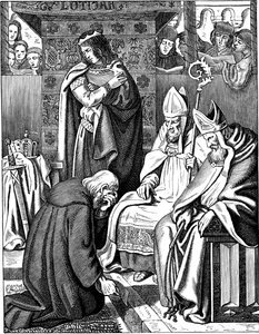 Ludvík Pobožný činí pokání v Attigny v roce 822 Ilustrace z Geschichte des deutschen Volkes od E. Dullera, 1840