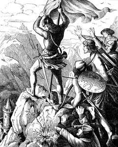 Ota I. Bavorský brání porážce císaře u Verony Ilustrace z Geschichte des deutschen Volkes od E. Dullera, 1840