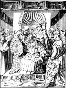 Abdikace císaře Jindřicha IV. v Ingelheimu Ilustrace z dějin německého lidu E. Duller, 1840