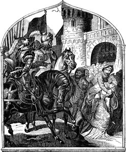 Obléhání hradu Weinsbergs a věrné ženy 1140 Ilustrace z dějin německého lidu E. Duller, 1840