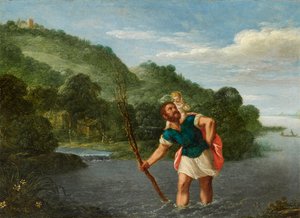 Svatý Kryštof nesoucí dítě v krajině