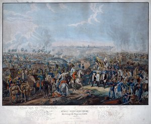 Bitva u Lipska (bitva národů), v říjnu 1813. Rakouský polní maršál Schwarzenberg (1771-1820) oznamuje vítězství spojenců v bitvě u Lipska germánskému císaři Františku II. (= Francois Ier Rakouský; 1768 - 1835), v Tza
