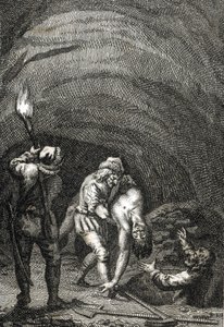 Friisiläisten surmaama hollantilaisen William II:n kuolema, joka hautaa hänet salaa talon lattian alle Kaiverrus Johann Michael Mettenleiter (1765-1853) 1800 Yksityinen kokoelma