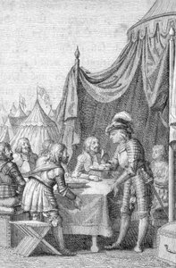 Císař Ludvík IV. (1282-1347) z Baviere se svými důstojníky v bitvě u Muhldorfu (nebo Ampfingu) dne 28. září 1322 (Ludvík IV., císař Svaté říše římské v bitvě u Muhldorfu dne 28. září 1322 na Ampfing Heath) Rytina od Johanna Michael Mettenleite