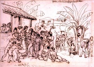 Indiáni na návštěvě panství, Brazílie, kolem roku 1825 (pero a hnědý inkoust přes tužku) od Johann Moritz Rugendas