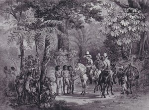 Setkání indiánů s evropskými badateli z „Malebné plavby do Brazílie“ od Johann Moritz Rugendas