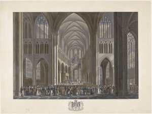 Požehnání krále Viléma I. v kostele Saint Gudula v Bruselu 21. září 1815 Dvanáct desek z příjezdu a inaugurace Viléma I. v Bruselu a bitev u Quatre-Bras a Waterloo v roce 1815 (název série) od Johann Nepomuk Gibèle (possibly)