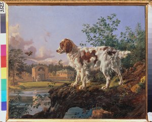 Majetek Kuzminki. Kolotoč. Pes v krajině. Dílo Johanna Nepomuka Raucha (1804-1847), olej na kartonu