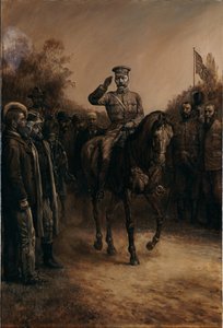 Generál Lord Kitchener zasalutuje, když projíždí kolem búrských vůdců, kteří stojí a smekají klobouky, 1902 od Johann Nepomuk Schonberg