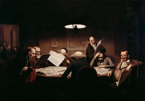 ""Čítárna"" Muži kolem špatně osvětleného stolu čtou tisk - Obraz Johanna Petera Hasenclevera (1810-1853) 1843 Staatliche Museen, Berlín